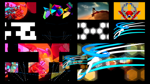 Four source clips for each of A and B (for A/B mixing) displayed, along with both the A and B submixes, on a preview screen (or custom interface). The top-left four clips are used for the A submix (50-Add, 50-Add, Multiply, Alpha), which is itself the larger bottom left clip. A similar deal for the B submix on the right side, and the small centre clip is a preview of the the master output.