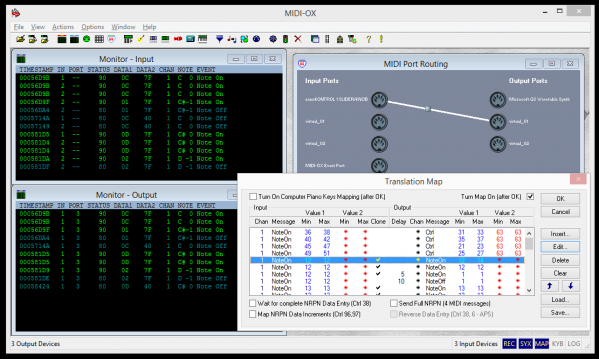MIDI-OX MIDI translation in action! One &quot;note&quot; press results in four messages for a one-shot random clip selection for one layer in the composition.