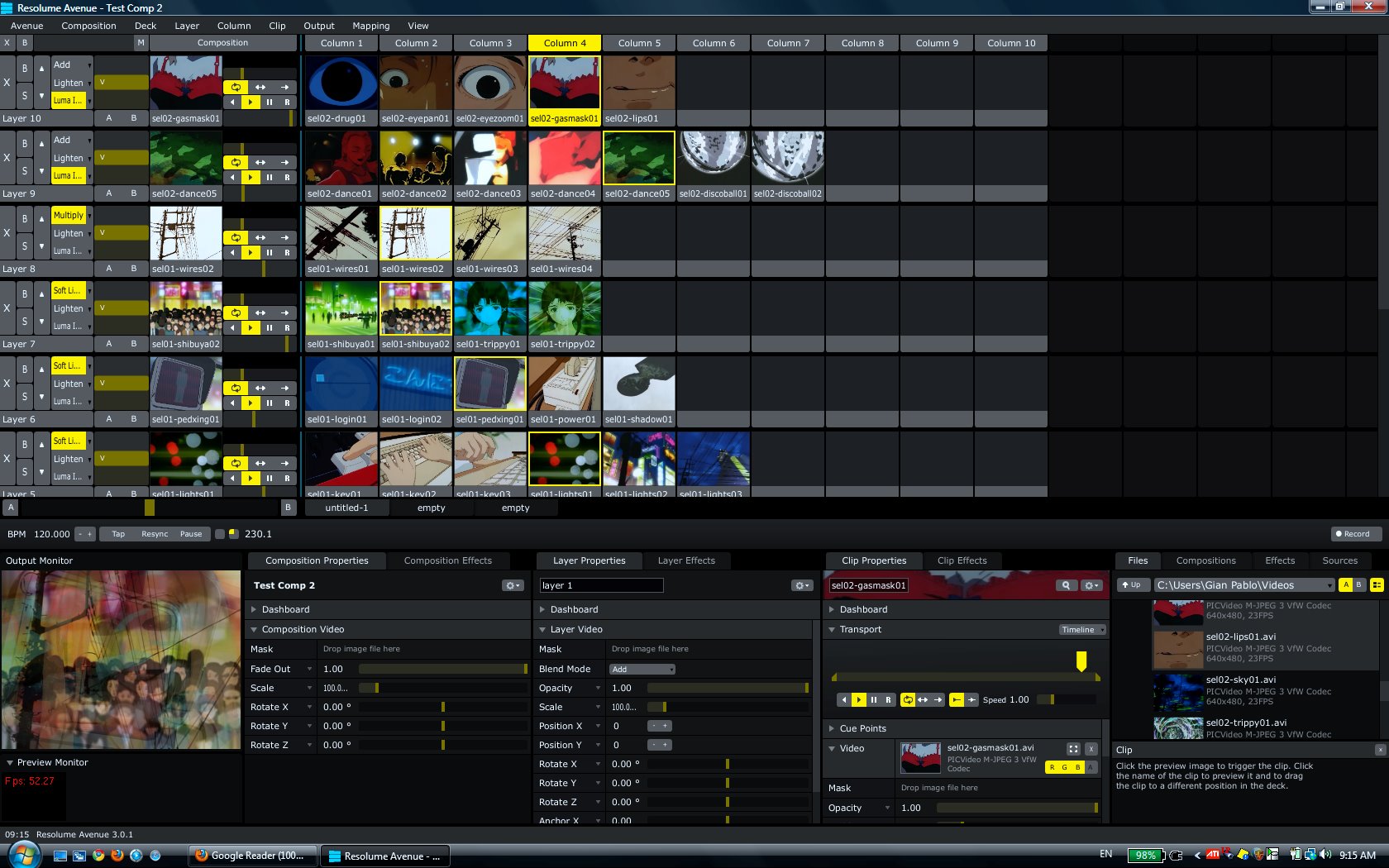 Screen shot of Resolume with 10 layers running