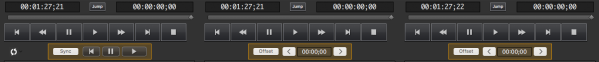 The 3 channels, with Ch. 1 as the "lead master" for Channels 2 and 3 to "follow." Sliding the timeline or entering a start timecode and pressing the "SYNC" button (only on Ch. 1 on the far left) cues all other channels, and pressing PLAY to the right of SYNC (in the yellow-border box) plays everything exactly in sync.