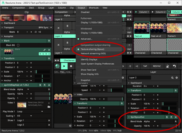 260212 spxlSpoutOut 02 - Resolume, Texture sharing enabled, spxlSpoutOut effect active.png