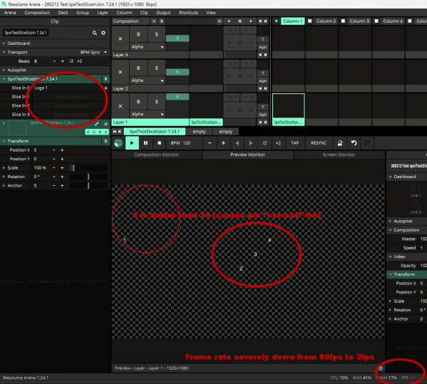 260213 Test spxlTestSliceInJoin 7.24.1 02 Resolume slice counts correct-ish, frame rate terrible.png